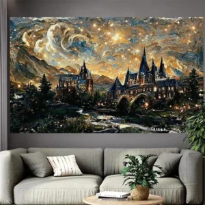 Baśniowy zamek nad jeziorem – plakat fantasy Jasnozielony
