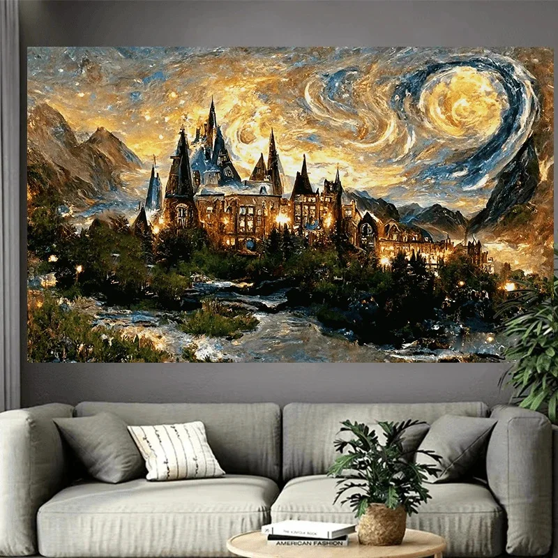Baśniowy zamek nad jeziorem – plakat fantasy Jasny szary