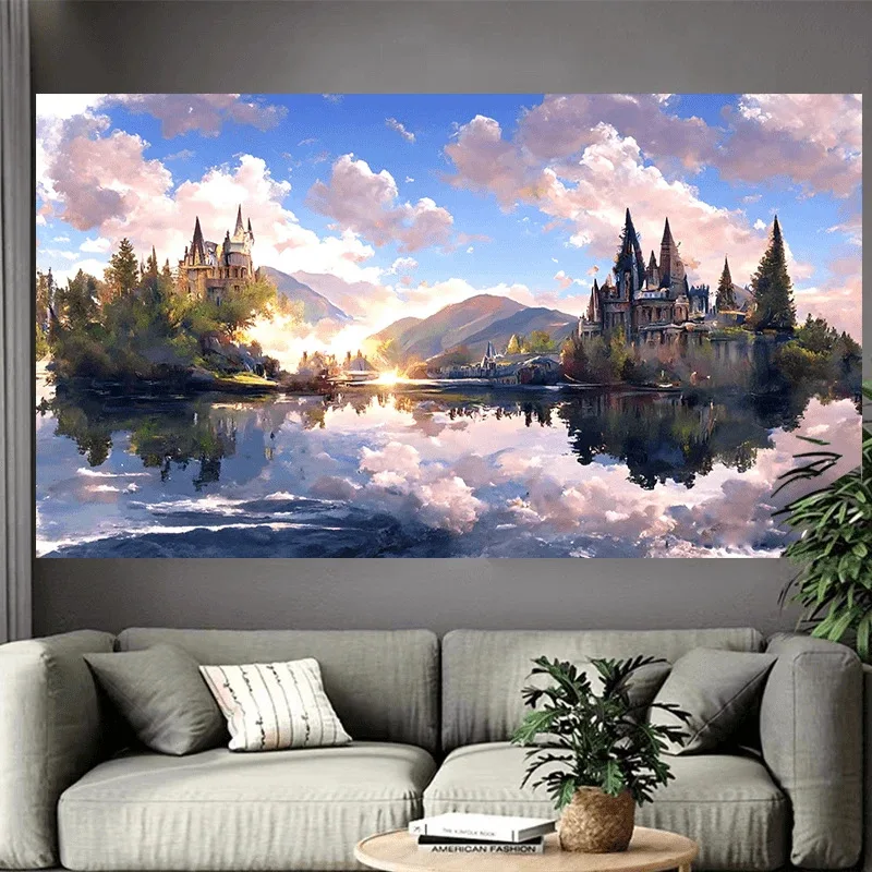 Baśniowy zamek nad jeziorem – plakat fantasy Niebieski