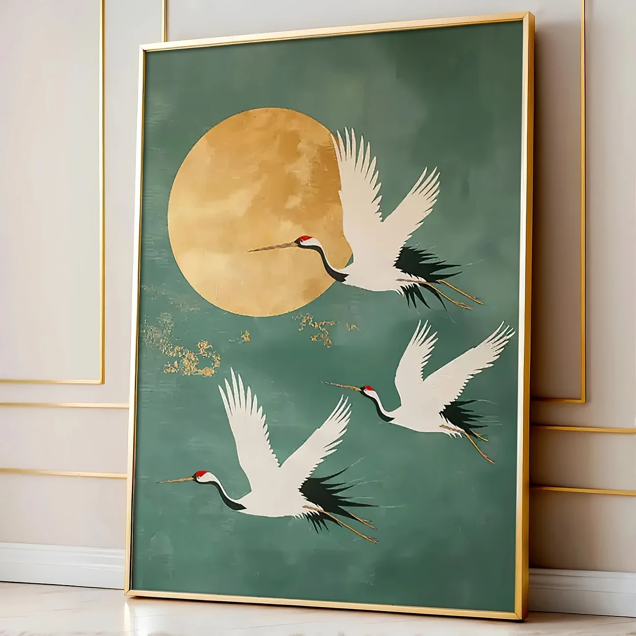 Biały żuraw nad górami – japoński plakat krajobraz Burgundia