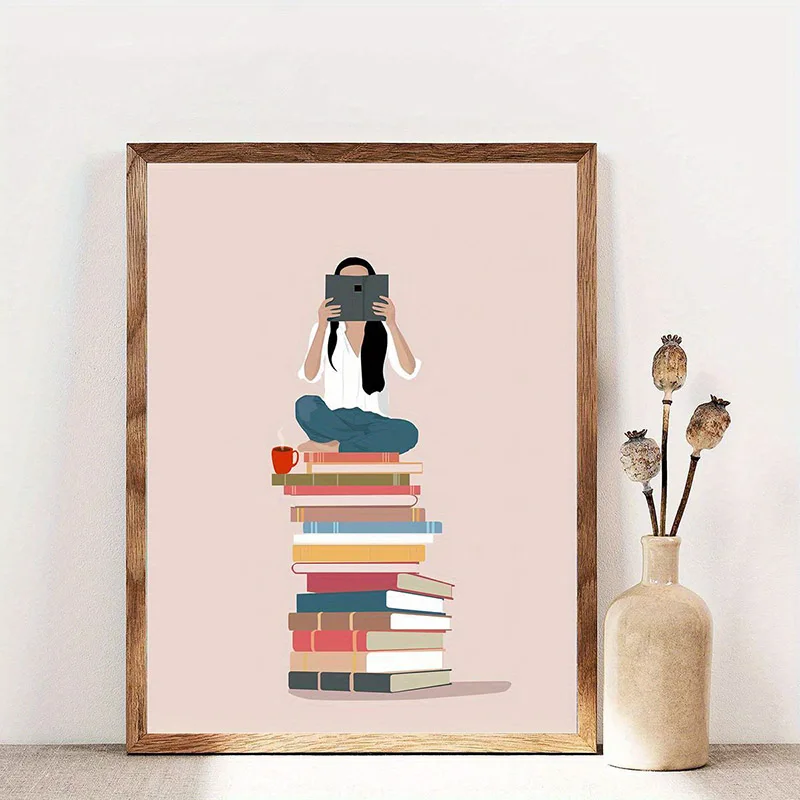 Biblioteka i stosy książek - plakat na płótnie Czarny