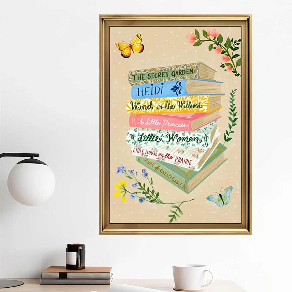 Biblioteka i stosy książek - plakat na płótnie Granatowy