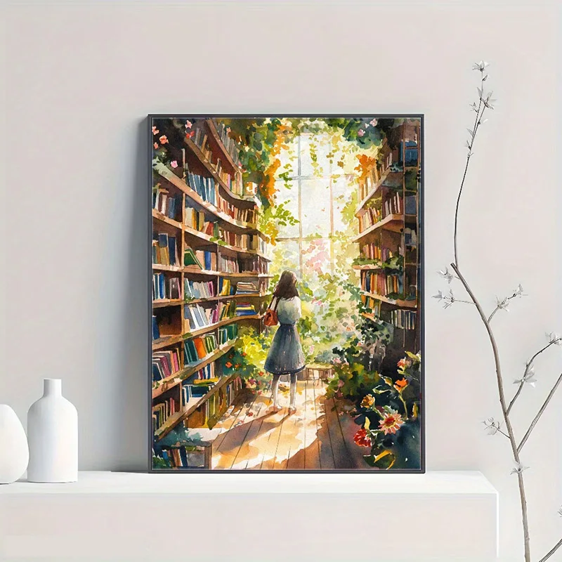 Biblioteka i stosy książek - plakat na płótnie żółty
