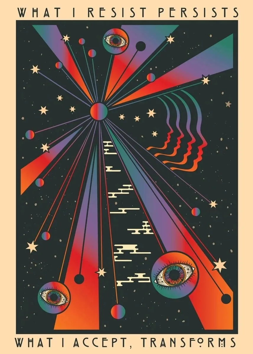 Boho psychodelia lat 70. - plakat z cytatem Granatowy