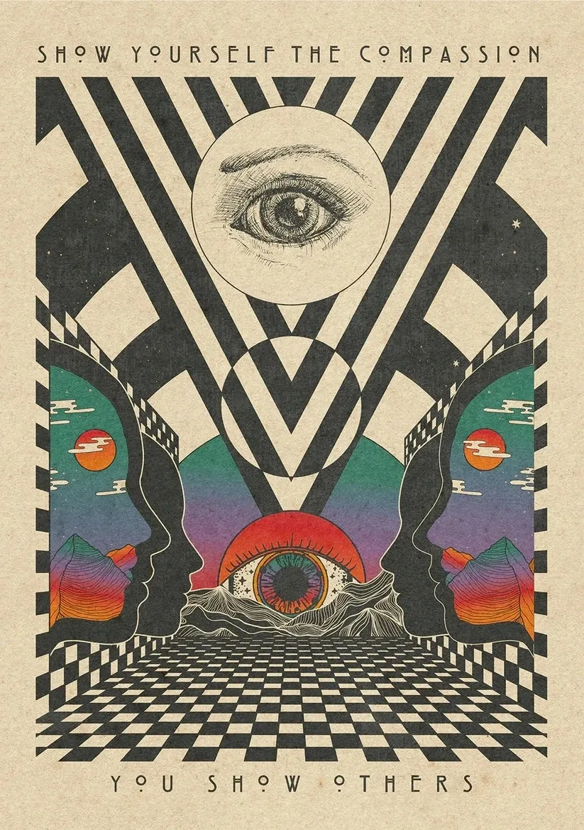 Boho psychodelia lat 70. - plakat z cytatem Jasnożółty