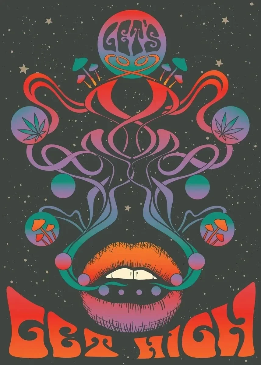 Boho psychodelia lat 70. - plakat z cytatem żółty