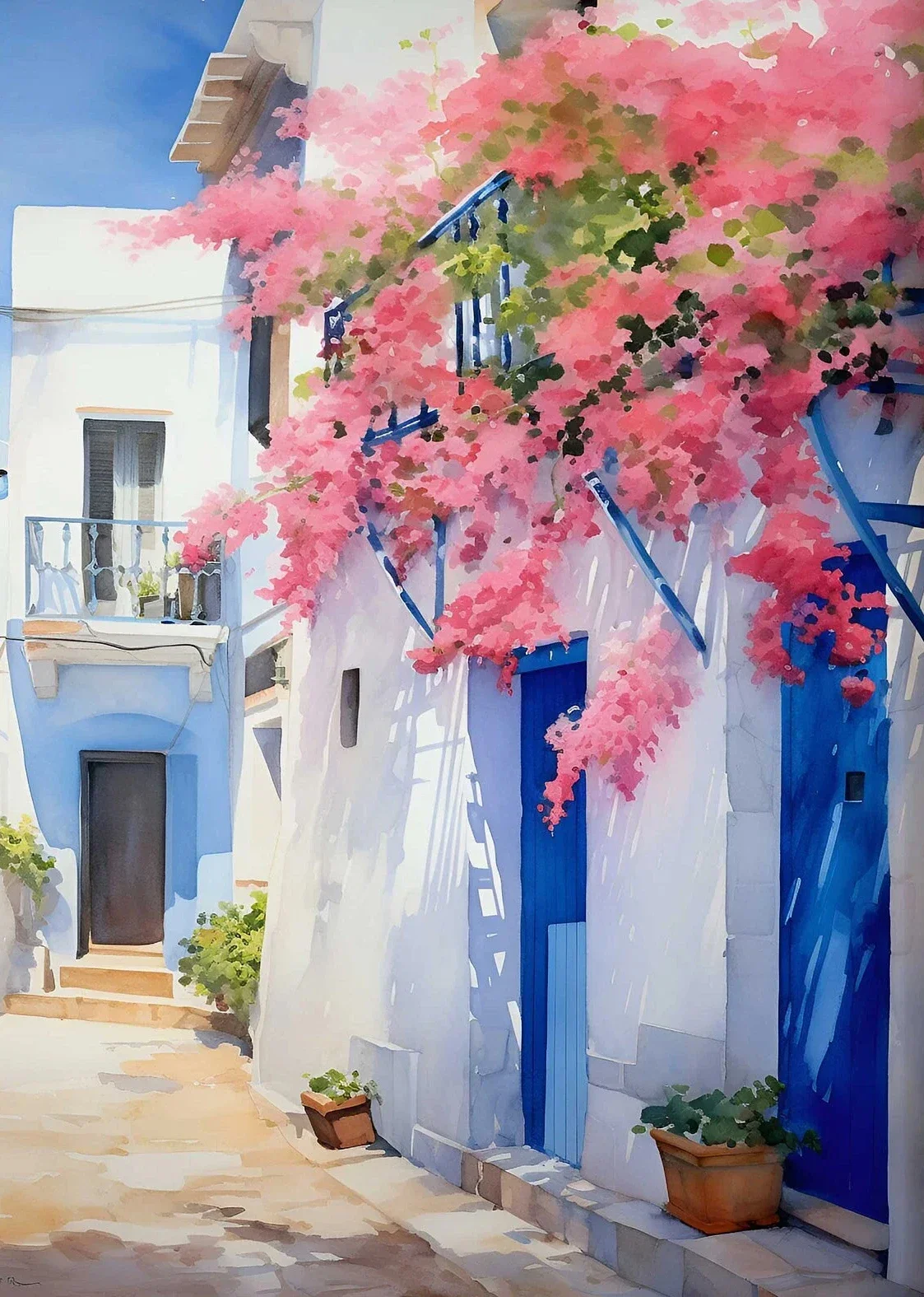 Cytryny i Santorini - plakat śródziemnomorski Beżowy