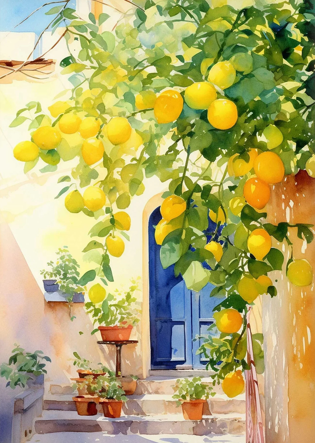 Cytryny i Santorini - plakat śródziemnomorski Czarny