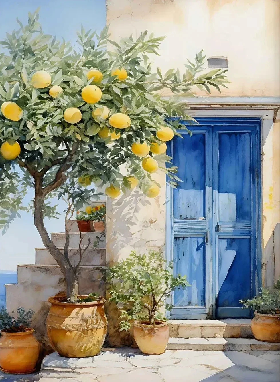 Cytryny i Santorini - plakat śródziemnomorski Czerwony