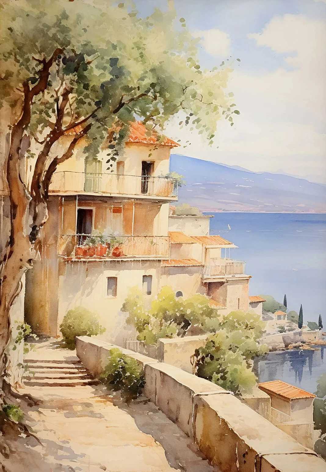 Cytryny i Santorini - plakat śródziemnomorski Szary