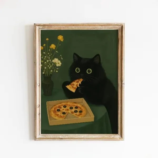 Czarny kot z papierosem - plakat retro humor Granatowy