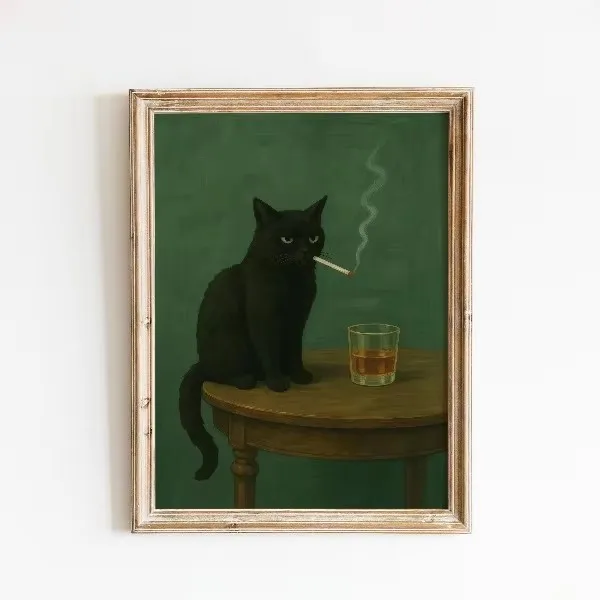 Czarny kot z papierosem - plakat retro humor Wielo