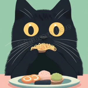 Czarny kot jedzący spaghetti - zabawny plakat do kuchni Czerwony