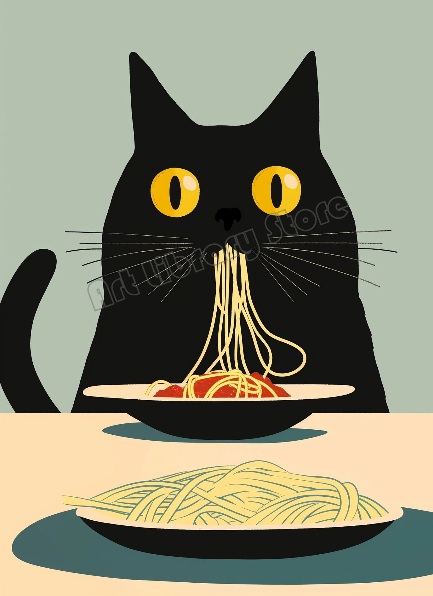 Czarny kot jedzący spaghetti - zabawny plakat do kuchni Jasnoszary