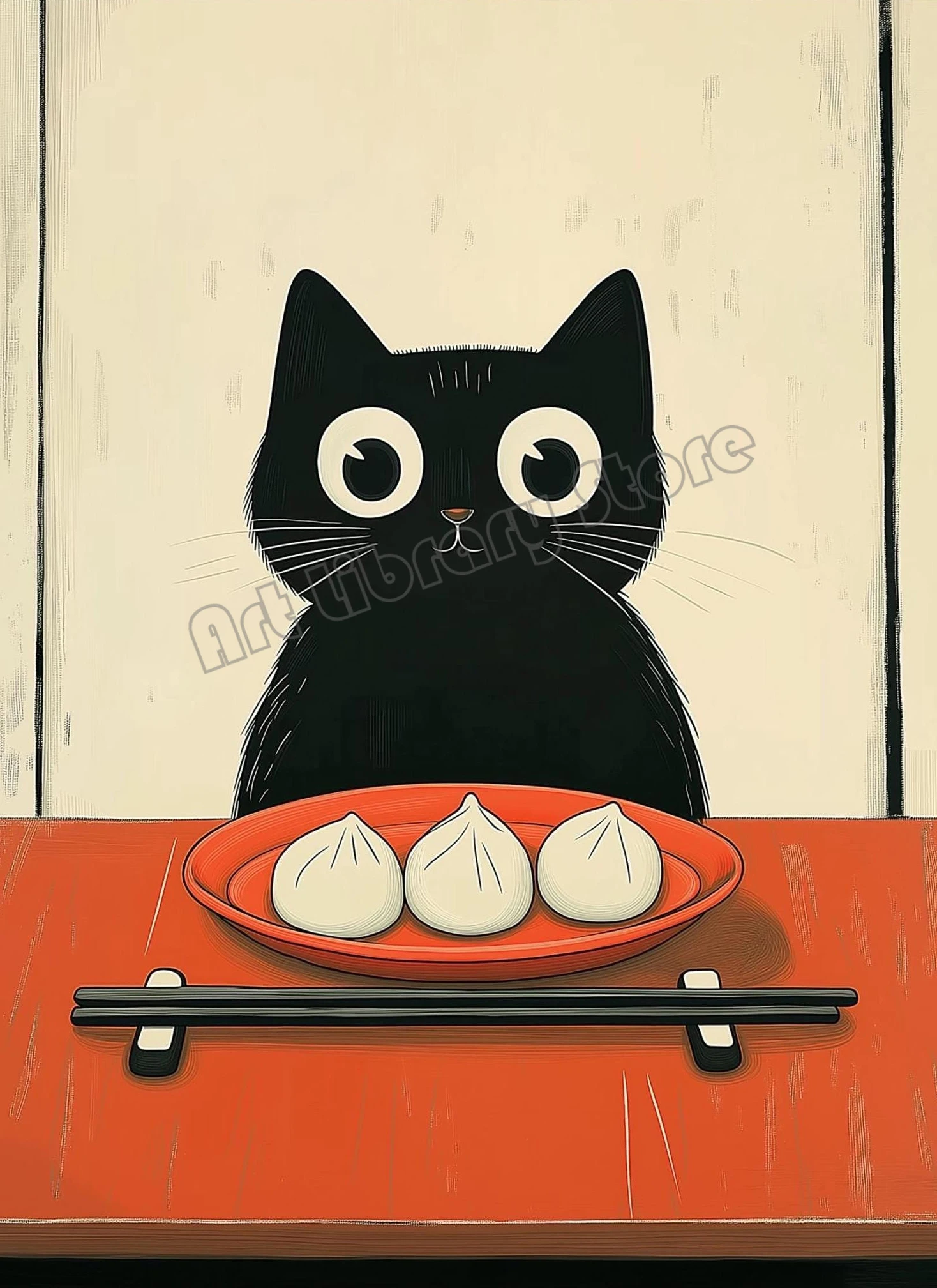 Czarny kot jedzący spaghetti - zabawny plakat do kuchni Niebieski