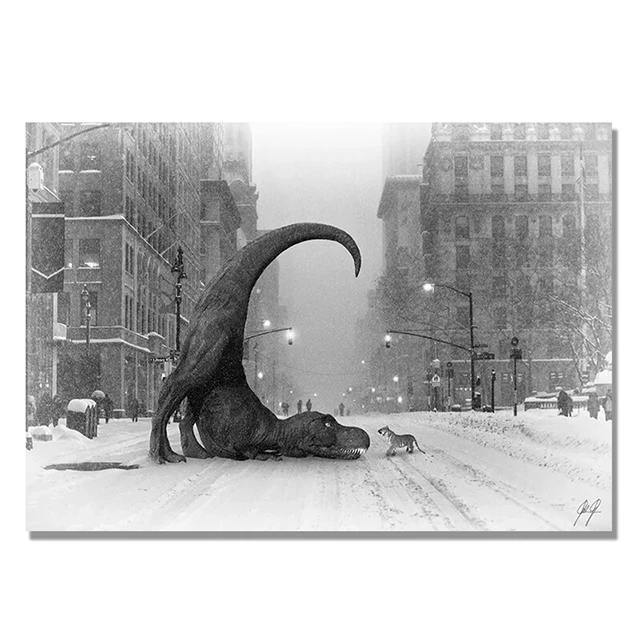 Dinozaury i tygrysy – retro plakat dla dzieci Biały