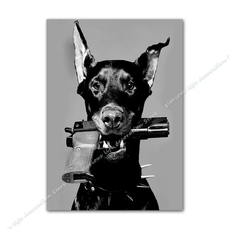 Doberman i dziki kot - nowoczesny plakat zwierzęta Jasnozielony