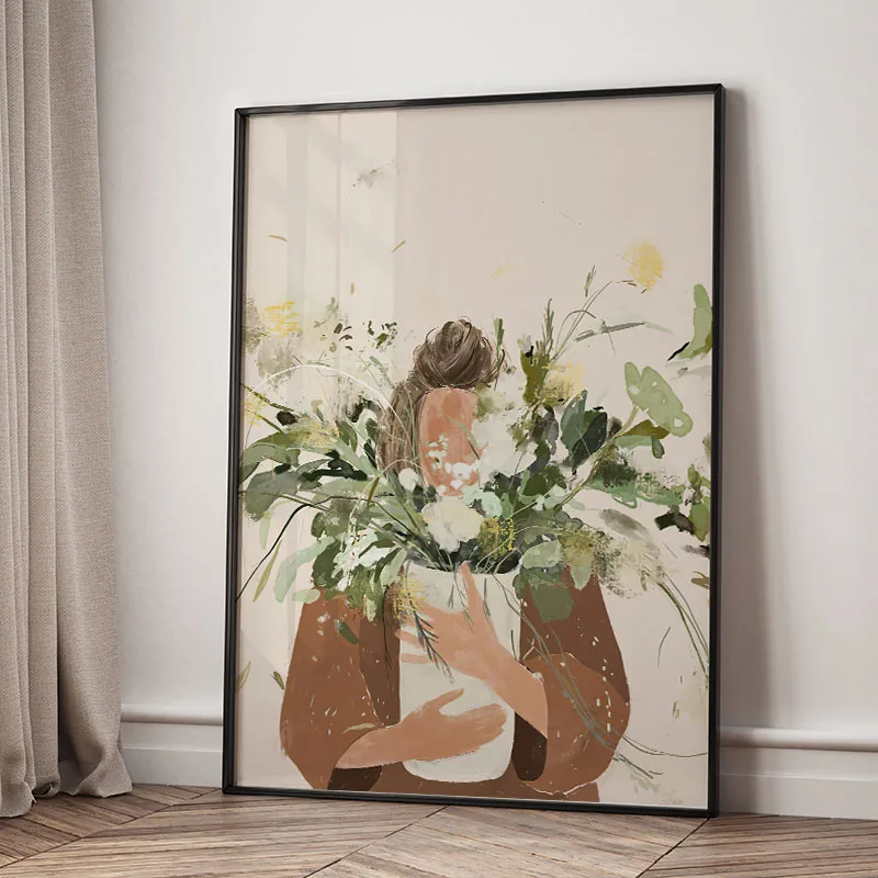 Dziewczyna wśród kwiatów - plakat boho Burgundia
