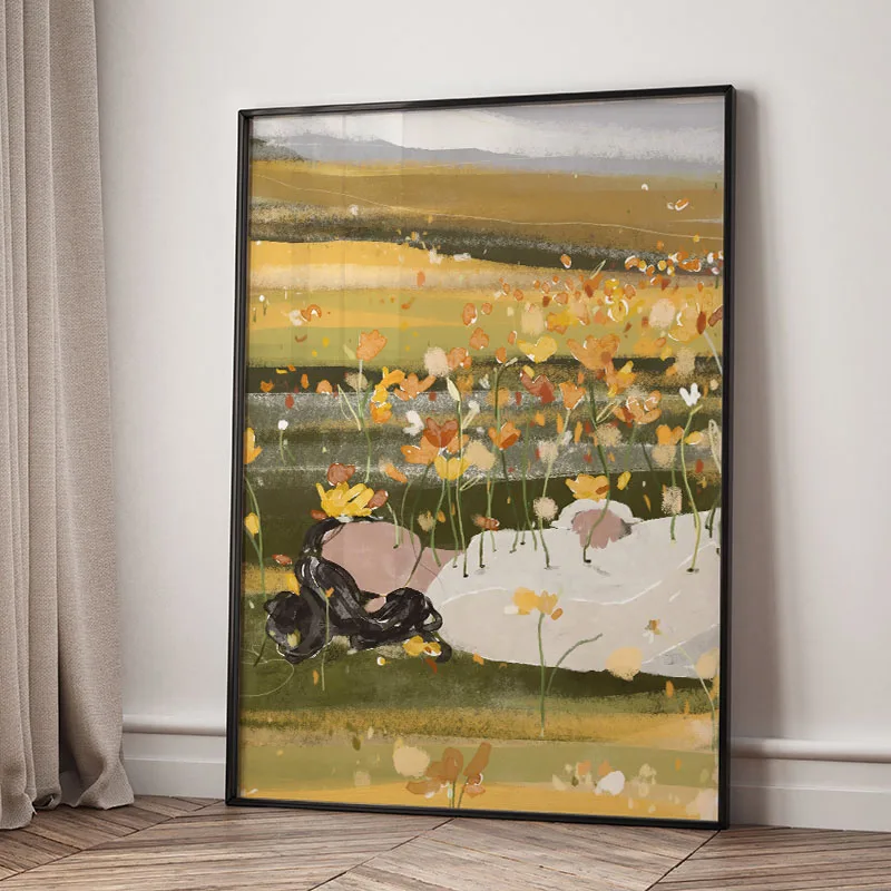Dziewczyna wśród kwiatów - plakat boho Czerwony