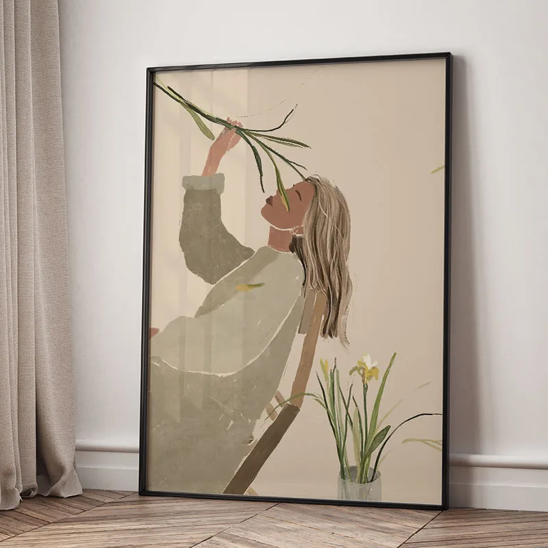Dziewczyna wśród kwiatów - plakat boho Granatowy