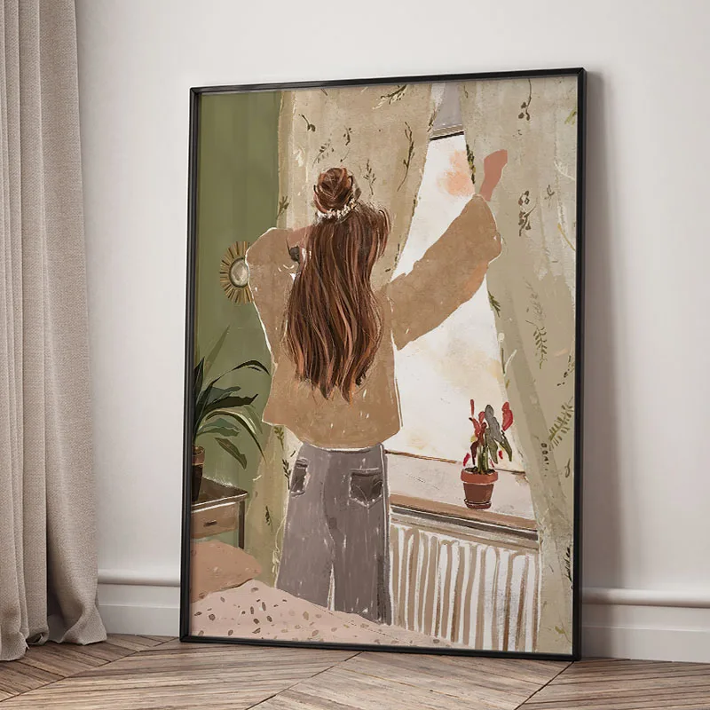 Dziewczyna wśród kwiatów - plakat boho Jasnozielony
