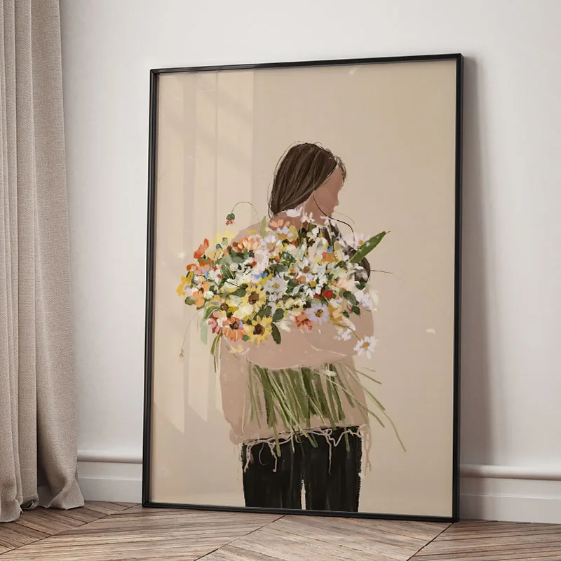 Dziewczyna wśród kwiatów - plakat boho Jasnożółty