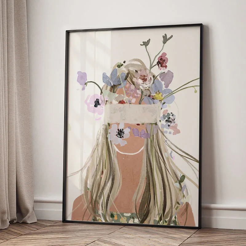 Dziewczyna wśród kwiatów - plakat boho Niebieski