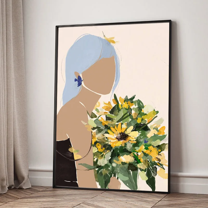 Dziewczyna wśród kwiatów - plakat boho żółty