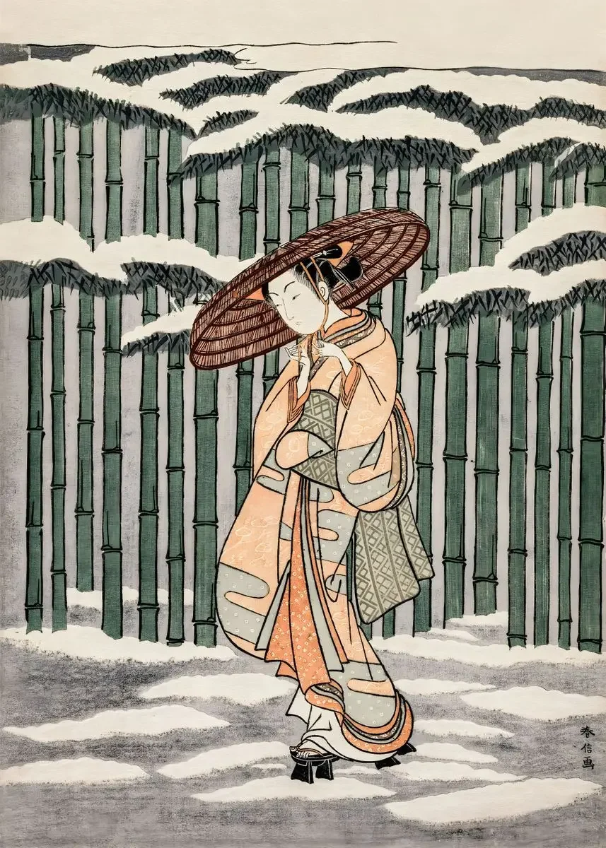 Gejsza w stylu vintage - japoński plakat retro Jasnozielony