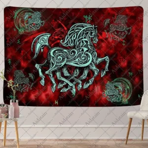 Gobelin koń celtycki - dekoracja ścienna boho Armijna zieleń