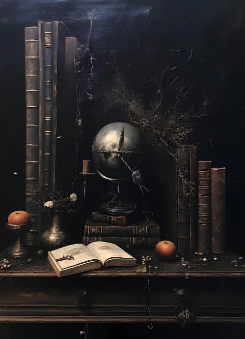 Gotycki fonograf z krukiem - plakat dark academia Granatowy