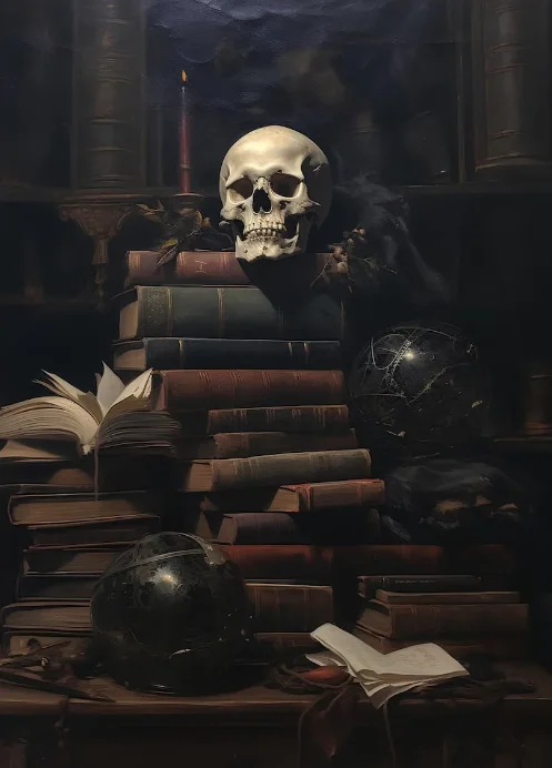 Gotycki fonograf z krukiem - plakat dark academia Jasnoszary