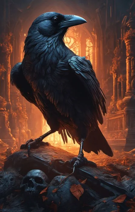 Gotycki plakat z krukiem i czarownicą - dark academia Armijna zieleń