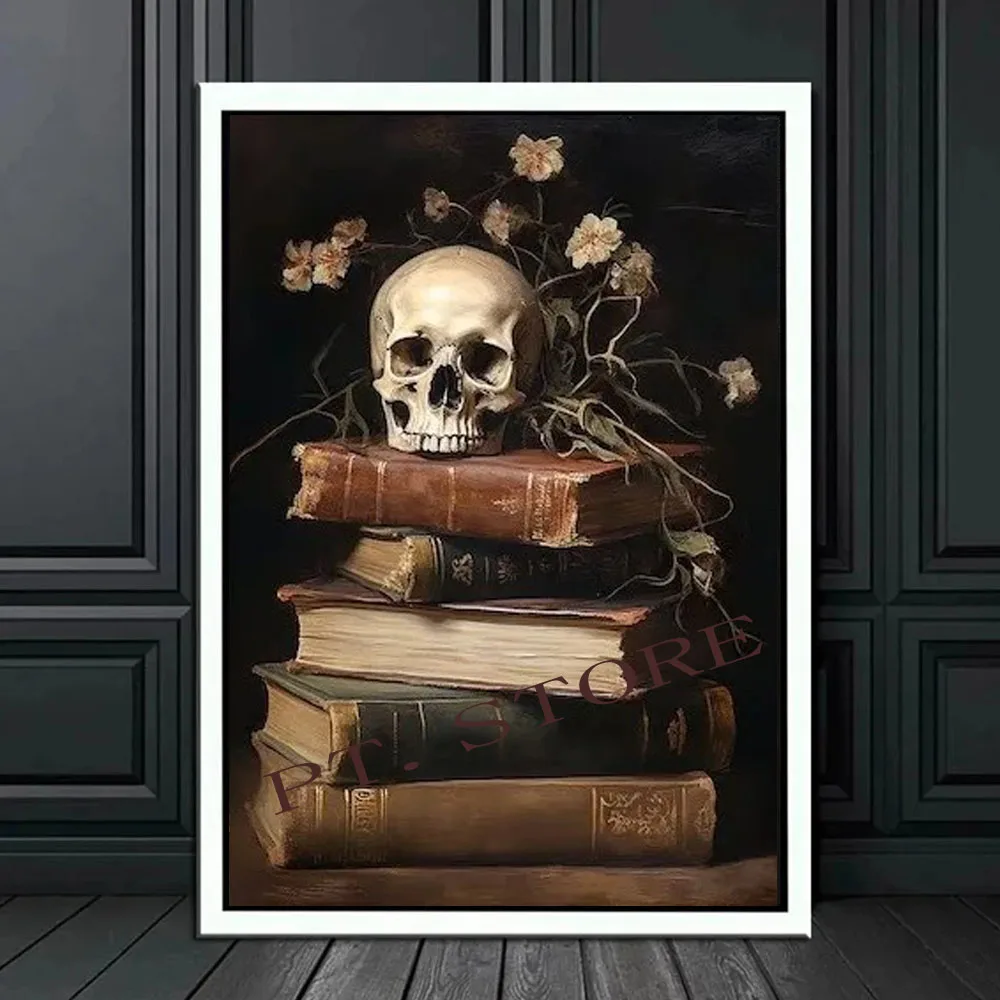 Gotycki plakat z krukiem i czarownicą - dark academia Królewski niebieski