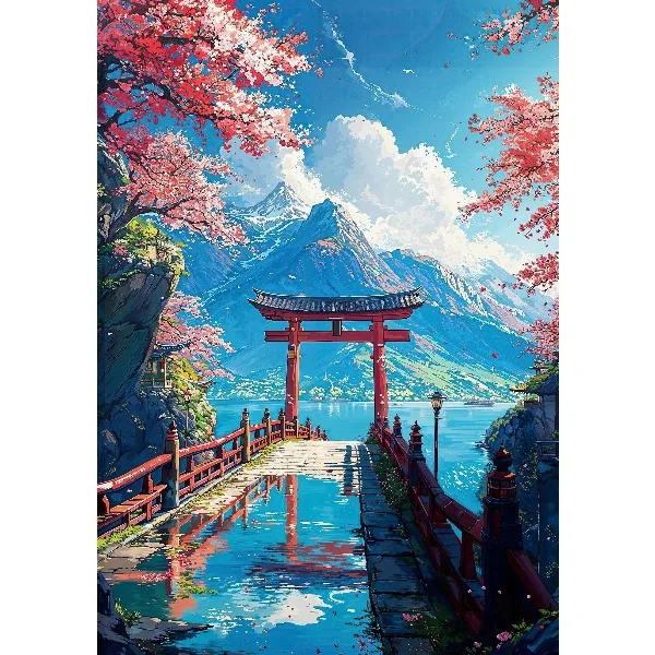 Japońska uliczka w stylu ukiyo-e - plakat na płótnie Zielony