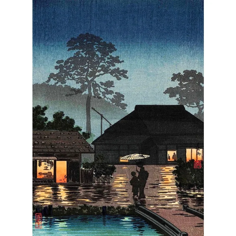 Japoński pejzaż Tokio w stylu ukiyo-e Ciemny szary