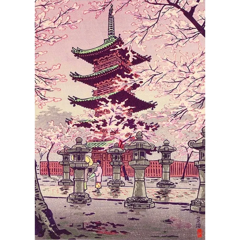 Japoński pejzaż Tokio w stylu ukiyo-e Zielony
