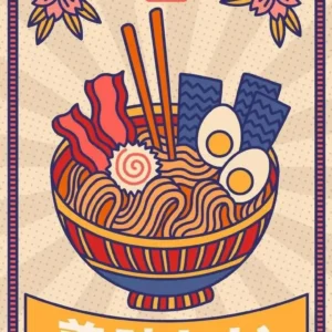 Japoński ramen - kolorowy plakat kawaii do kuchni żółty