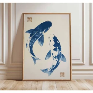 Japoński żuraw i czerwone słońce - plakat Ukiyo-e Beżowy