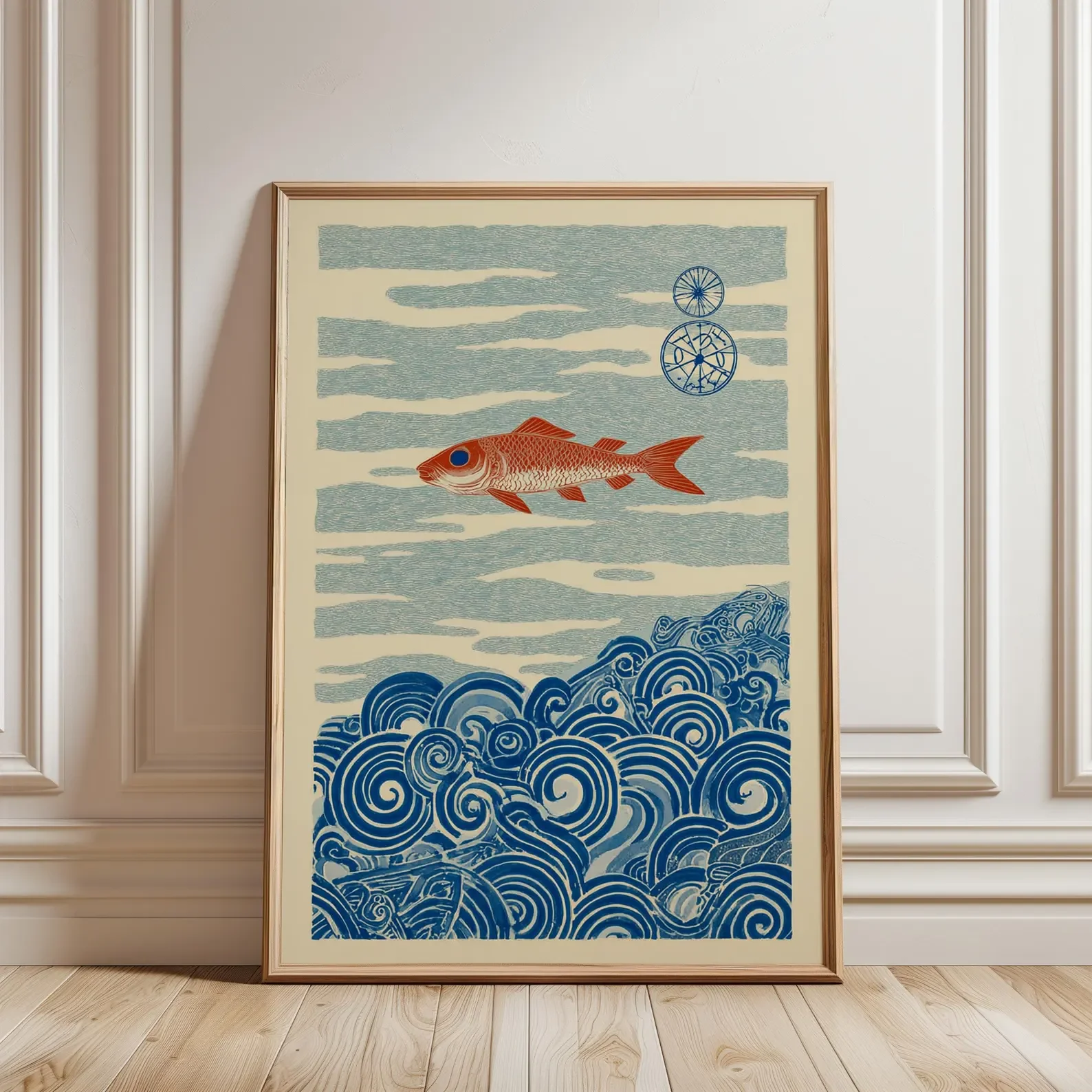 Japoński żuraw wśród chmur – plakat retro Fioletowy