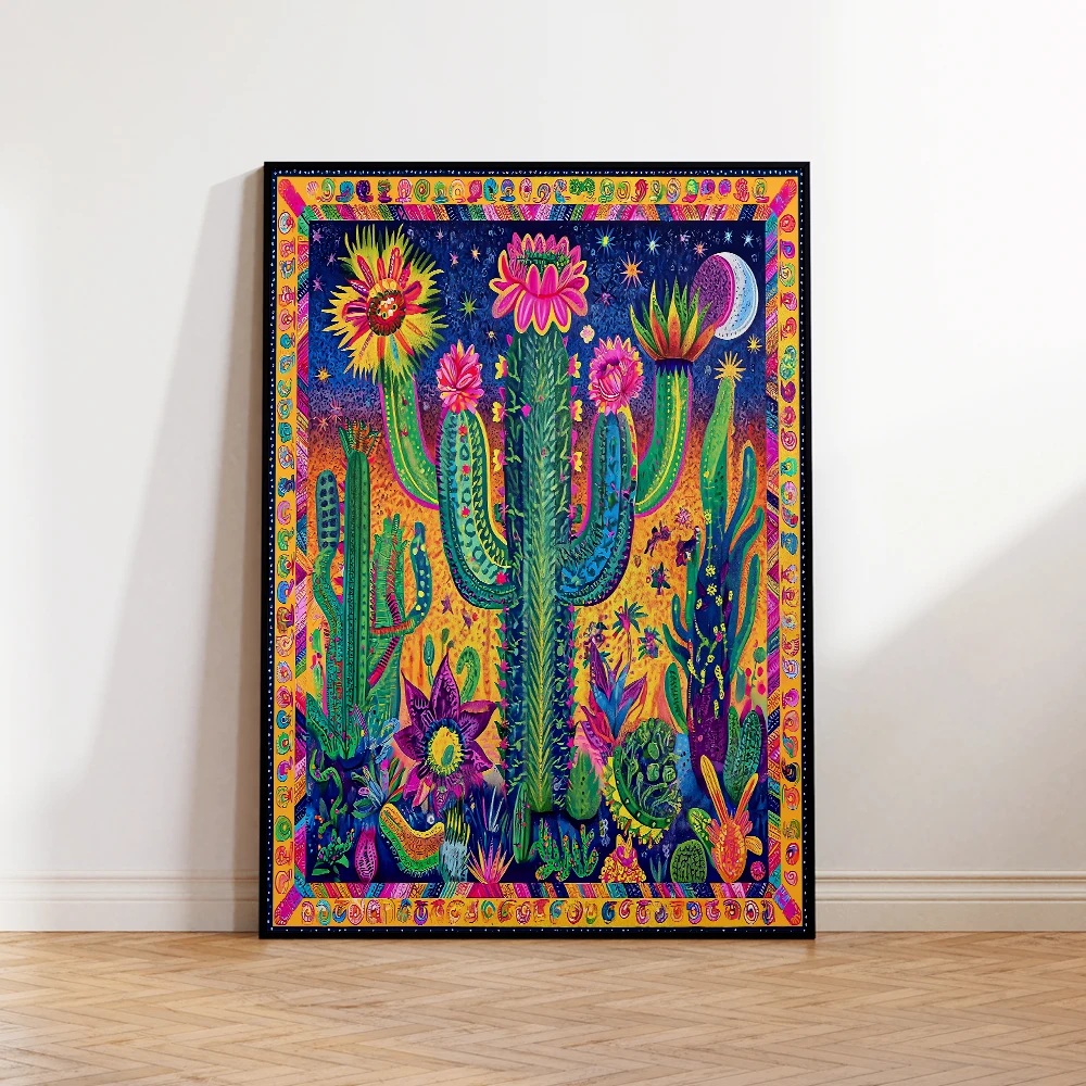 Kaktus i polne kwiaty - plakat botaniczny żółty