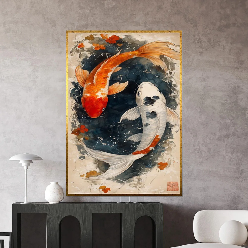 Karpie koi i Yin-Yang - plakat Feng Shui Biały