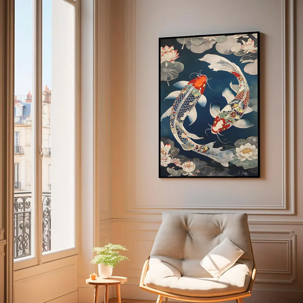 Karpie koi i Yin-Yang - plakat Feng Shui Burgundia