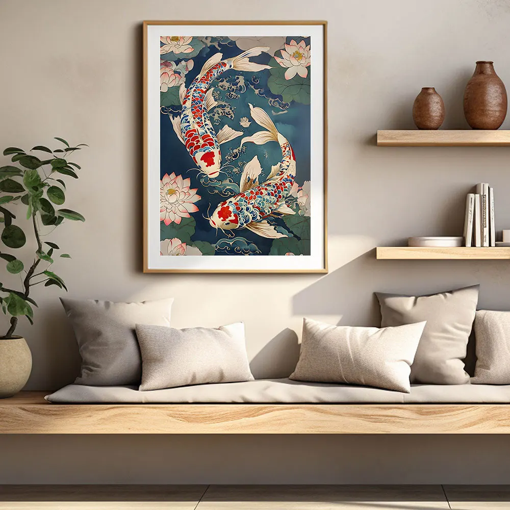 Karpie koi i Yin-Yang - plakat Feng Shui Fioletowy