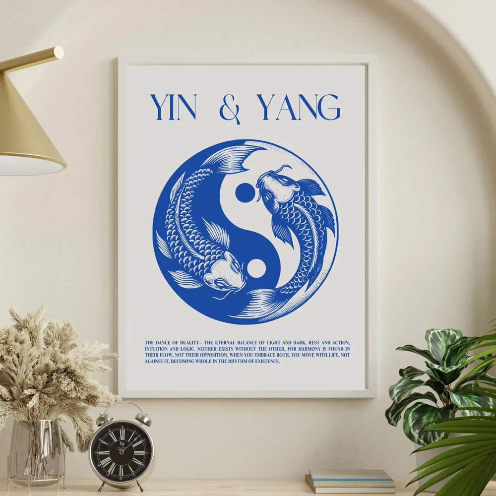 Karpie koi i Yin-Yang - plakat Feng Shui Granatowy
