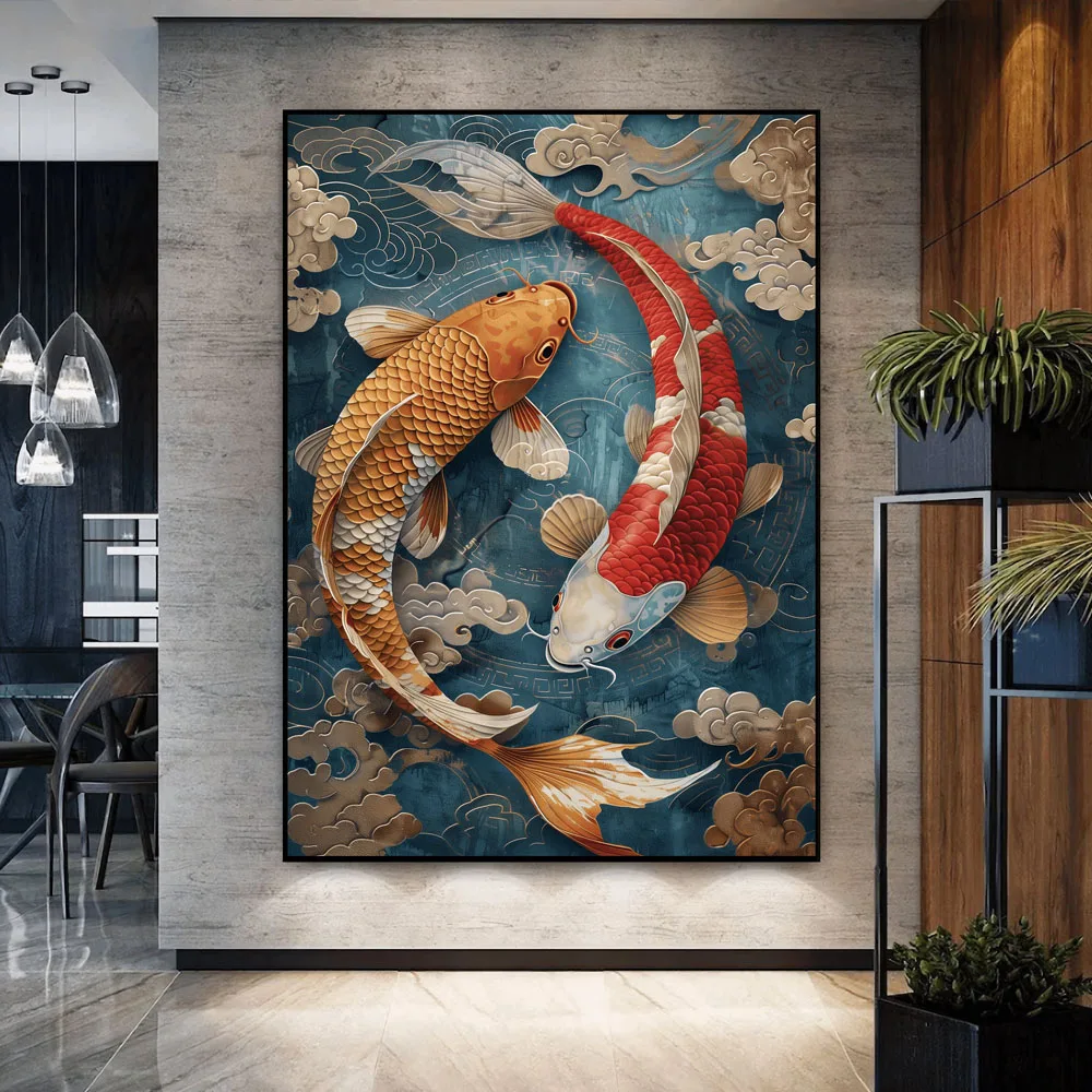 Karpie koi i Yin-Yang - plakat Feng Shui Jasnoszary
