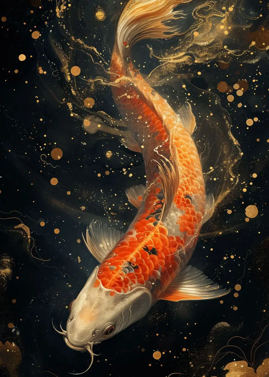 Kolorowe karpie koi - japoński plakat Zielony
