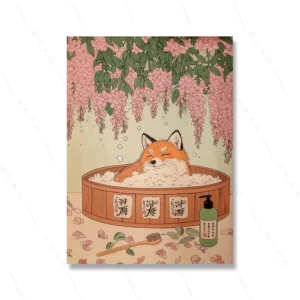 Kot, corgi i lis w kąpieli - plakat do łazienki w stylu japandi Biały