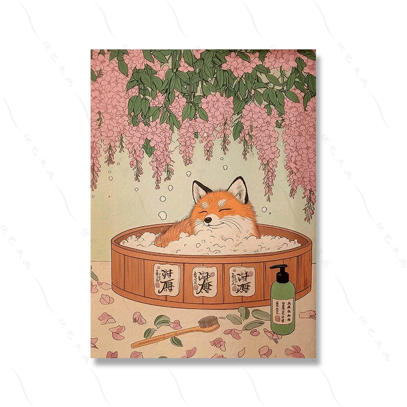 Kot, corgi i lis w kąpieli - plakat do łazienki w stylu japandi Biały