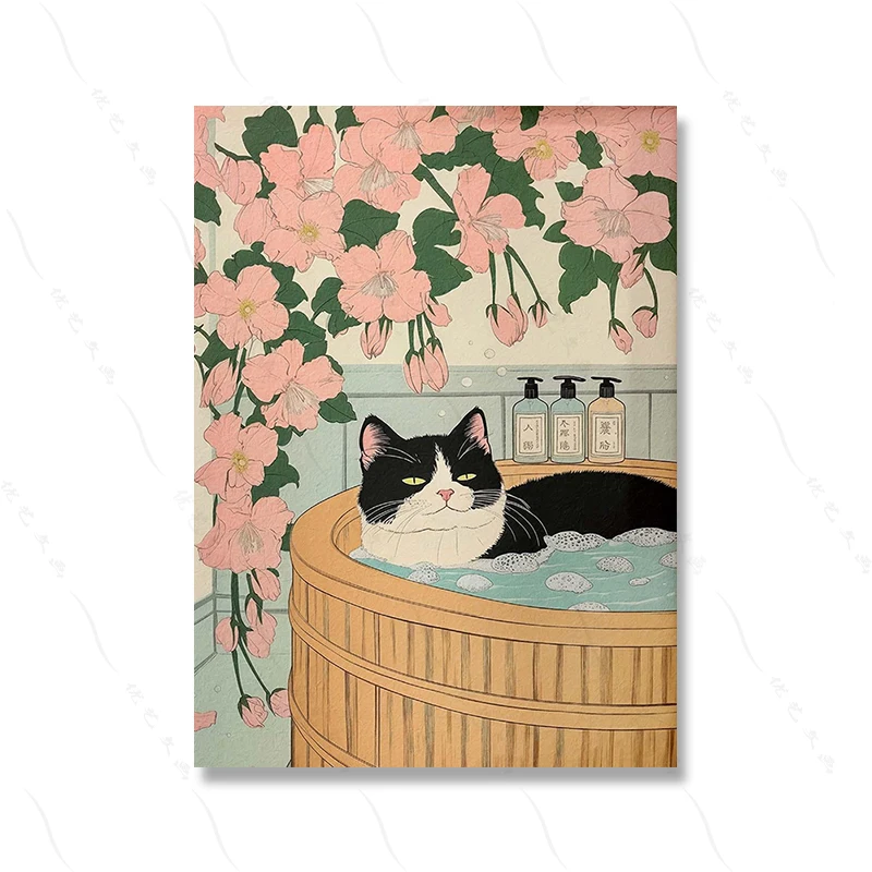 Kot, corgi i lis w kąpieli - plakat do łazienki w stylu japandi żółty